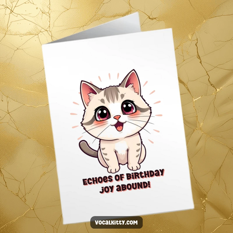 Funny free printable birthday card: An ecstatic cat with a radiating echo effect, its excitement amplifying a birthday message.