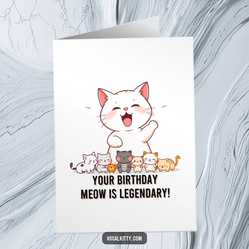 Funny free printable birthday card: A bold cat unleashing a loud meow, comically startling a line of tiny, wide-eyed woodland creatures.