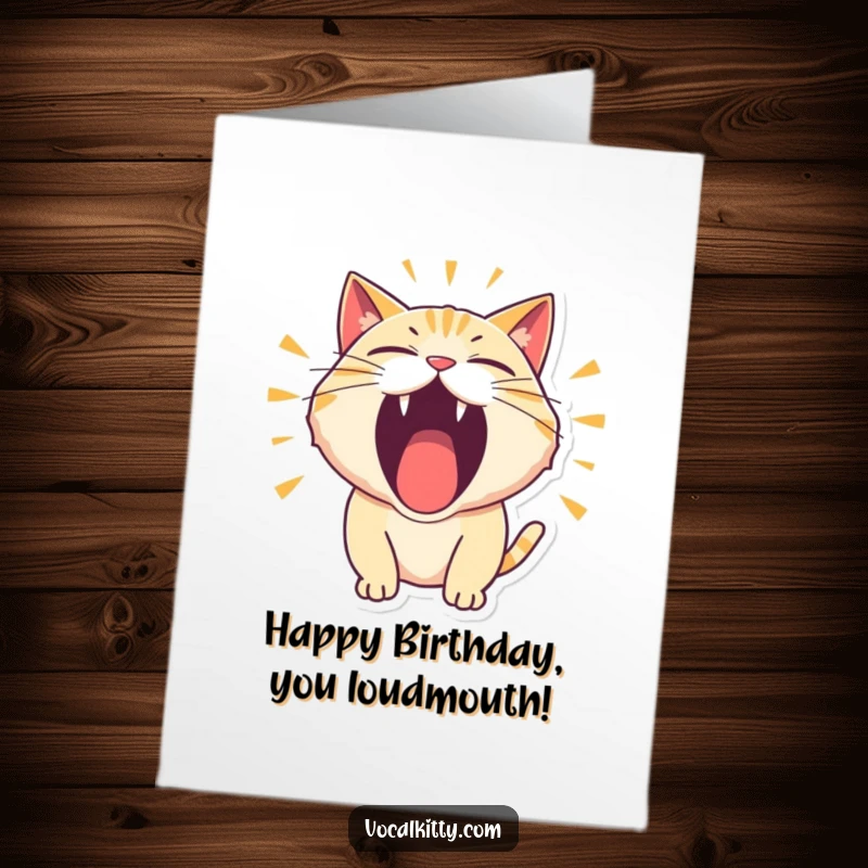 Funny Free Printable Birthday Card: A cat with its mouth wide open, letting out a thunderous, comical roar.