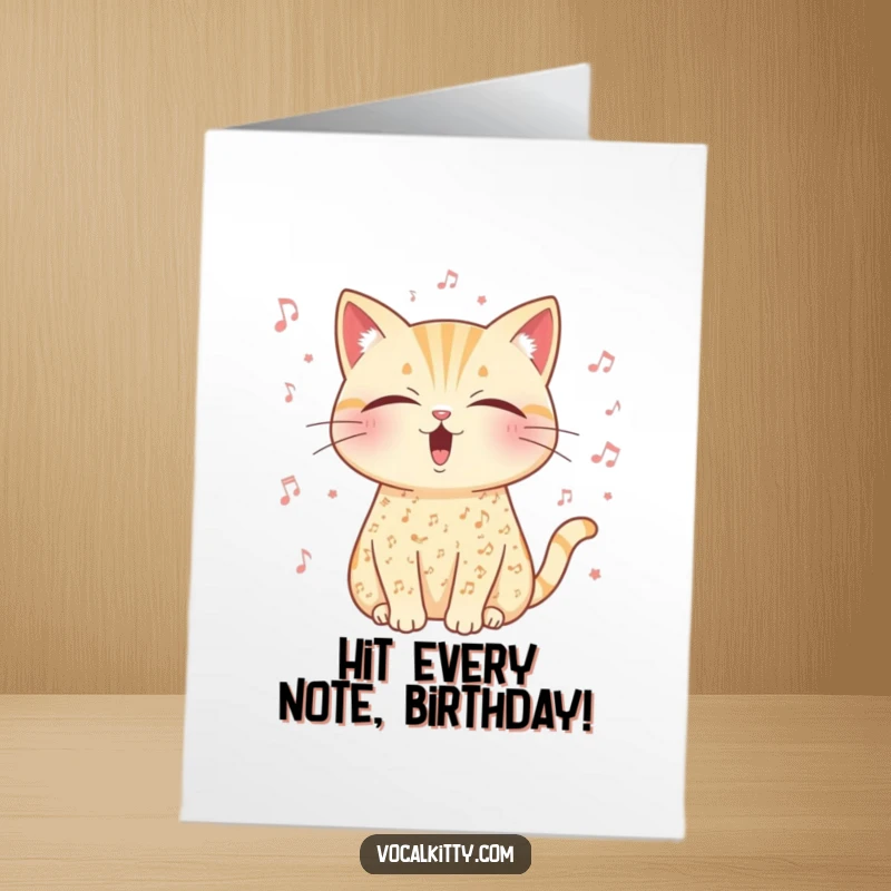 Funny Free Printable Birthday Card: A cat covered in musical notes, eyes closed in peak vocal exertion, celebrating their birthday with song.