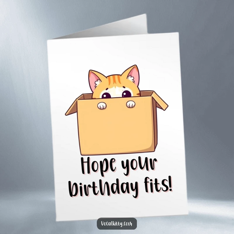 Funny Free Printable Birthday Card featuring a curious cat peeking out from a large cardboard box, ready for birthday fun.