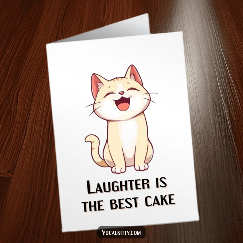 Funny Free Printable Birthday Card: Cat throwing head back, laughing uncontrollably, a hilarious digital download for any celebration.