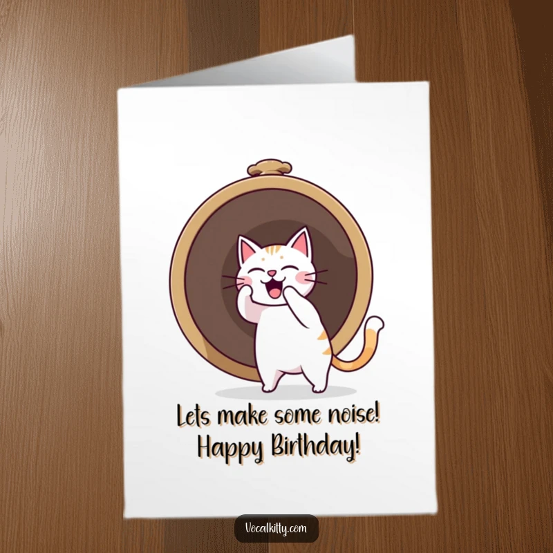 Funny free printable birthday card featuring a determined cat furiously ringing a massive bell, causing a giant sound boom explosion.