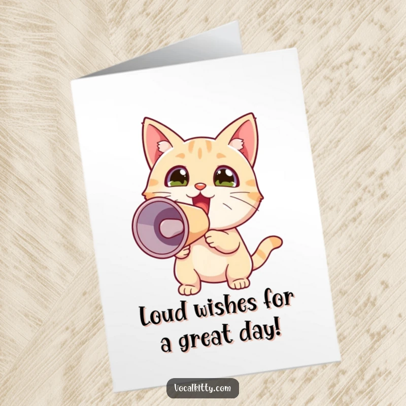 Funny Free Printable Birthday Card: Tiny cat yells exciting messages through a megaphone, perfect for a joyous celebration.
