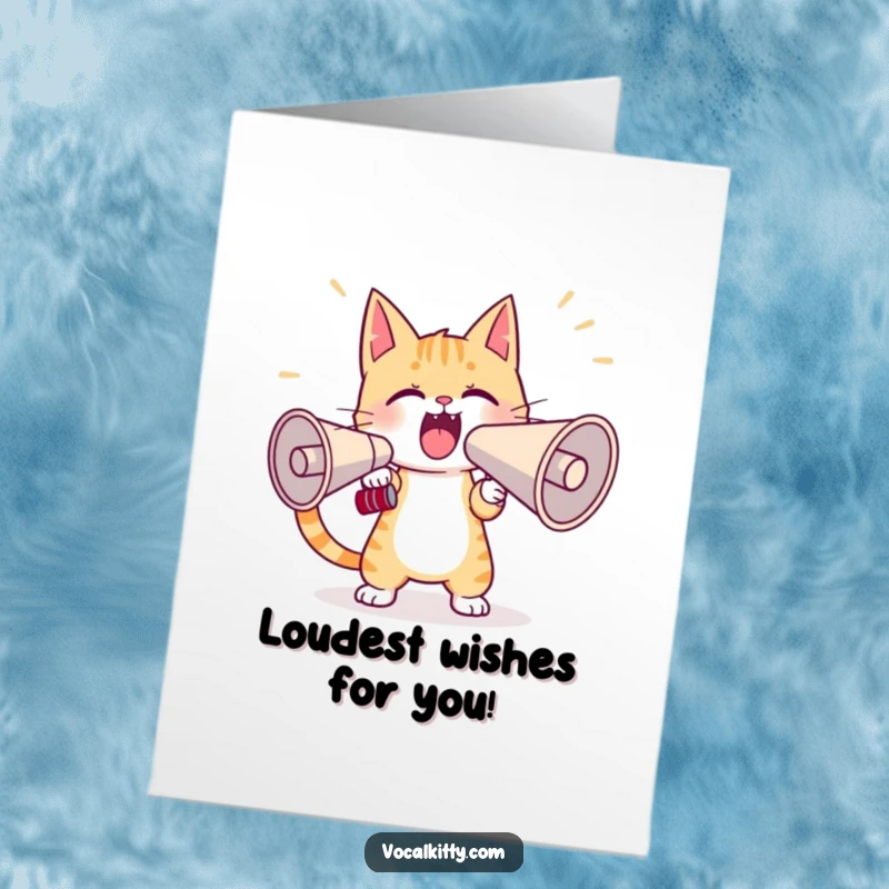 Funny Free Printable Birthday Card: Cat Yelling Loudly into a Megaphone, Ready for a Big Surprise