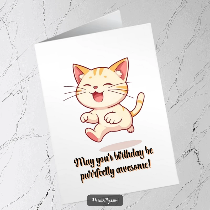 Funny Free Printable Birthday Card featuring a cat character leaping with comically long, trailing whiskers, ready to deliver birthday wishes.