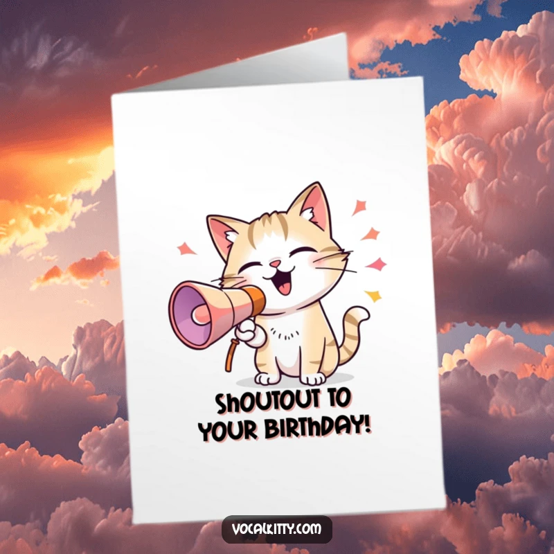 Funny Free Printable Birthday Card of a cat shouting birthday wishes through a colorful megaphone, sound waves bursting out.