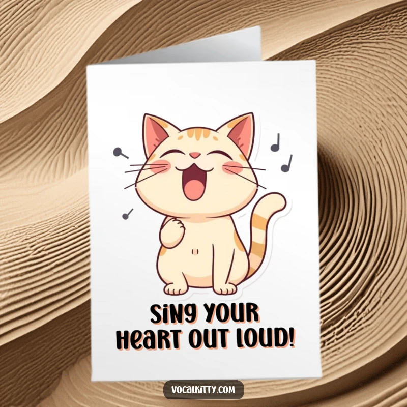 Funny Free Printable Birthday Card: Stylized cat belting out a song with huge, exaggerated sound waves, celebrating joyfully.