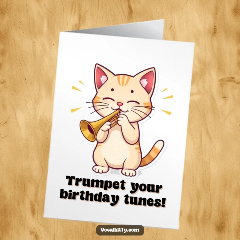 Funny Free Printable Birthday Card: A cat plays a tiny trumpet, creating loud comical sound waves, a downloadable musical greeting.