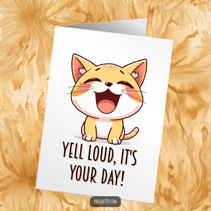 Funny Free Printable Birthday Card with a tiny, cheerful cat character yelling with its mouth wide open in excitement.