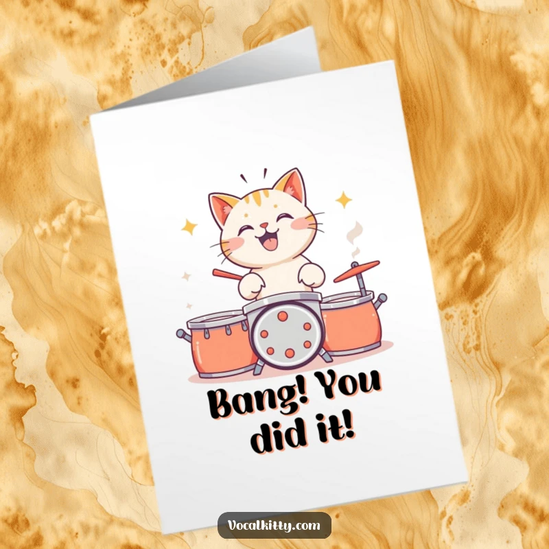 Funny Free Printable congratulations card of a cat energetically drumming on pots and pans, celebrating success with enthusiastic noise.