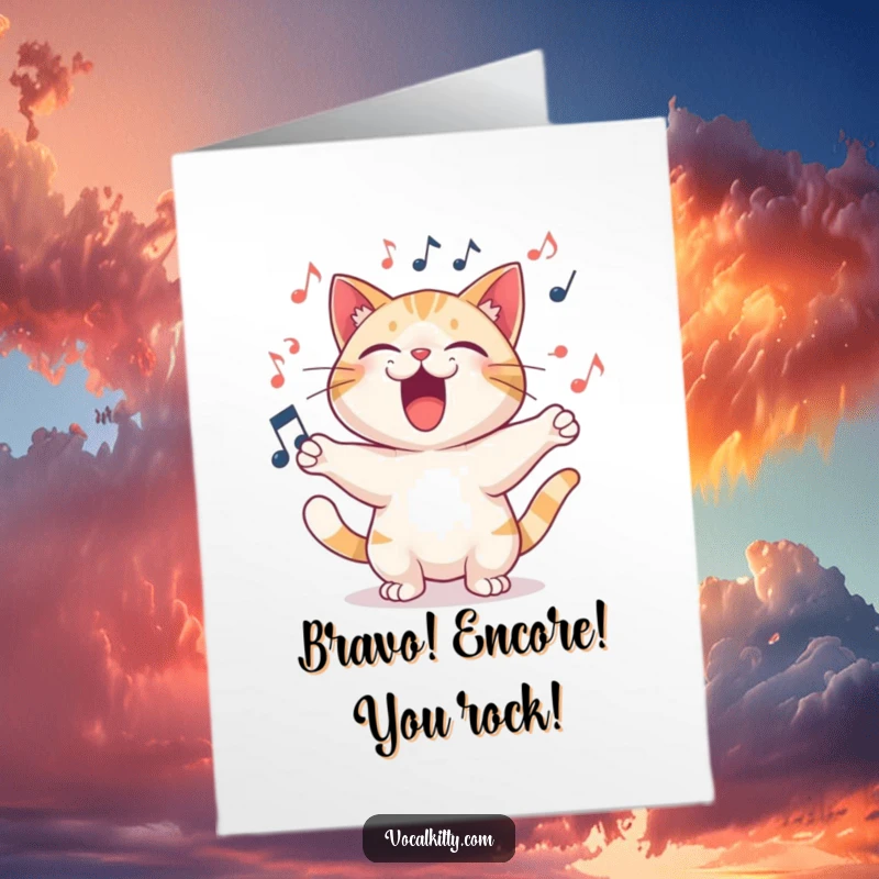 Funny Free Printable Congratulations Card: A cat loudly singing a joyful song, surrounded by swirling musical notes.
