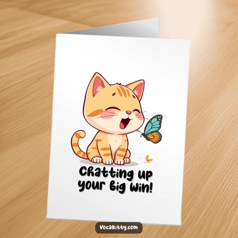 Funny Free Printable Congrats Card: Cat animatedly having a loud conversation with a tiny butterfly, celebrating achievements.