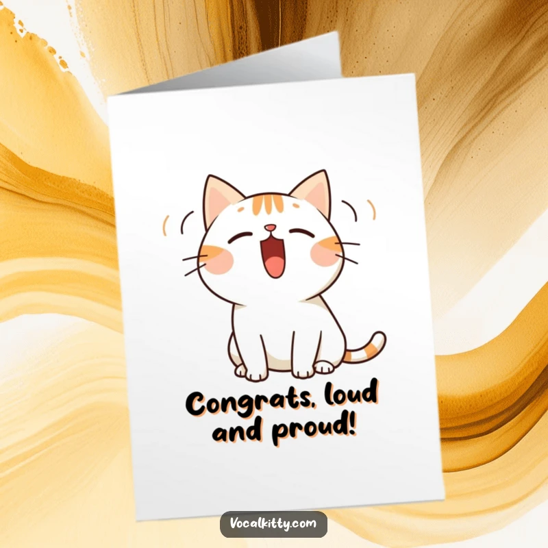 Funny Free Printable Congratulations Card: Cat mouth wide open, emitting sound waves. An expressive downloadable gift.