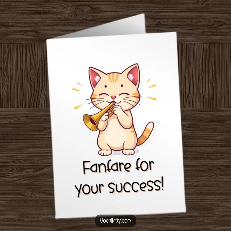 Funny Free Printable Congrats Card: A cat plays a tiny trumpet, emitting booming sound waves, a downloadable fanfare for success.