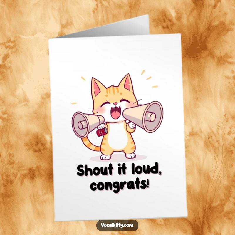 Funny Free Printable Congratulations Card: Cat Enthusiastically Yelling into a Megaphone, Announcing Success