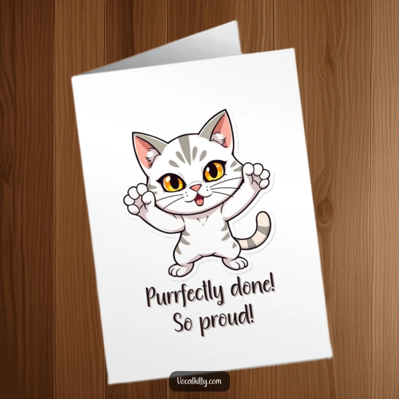Funny Free Printable Congratulations Card: A dramatic cat taking an attention-grabbing pose, celebrating your big win with a loud meow.