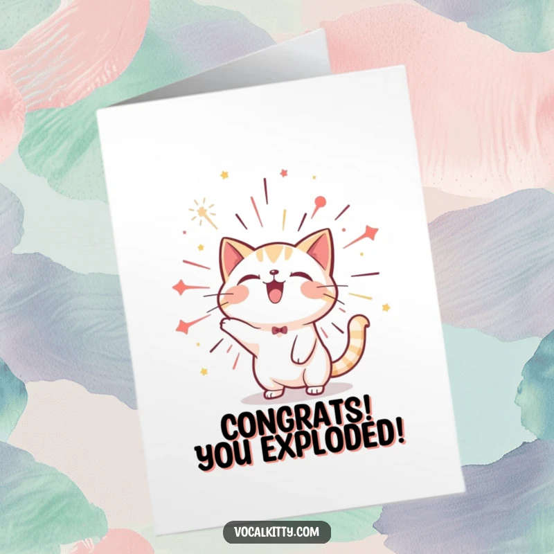Funny Free Printable Congratulations Card: Cat Bursting with Happiness Like a Firework, Symbolizing Triumph