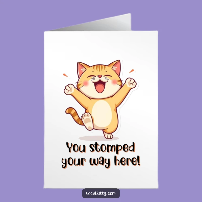 Free Printable Congrats Card: Happy Cat Stomping Feet Downloadable Gift