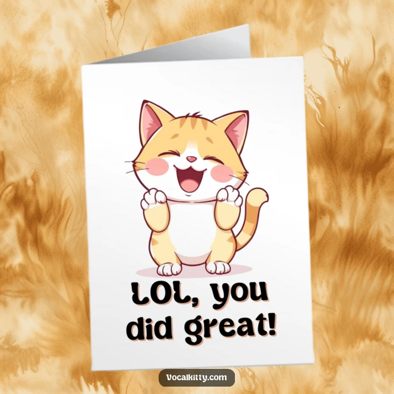 Funny Free Printable Congrats Card: Cat giggling heartily, clutching its sides with paws, celebrating wins with pure amusement.