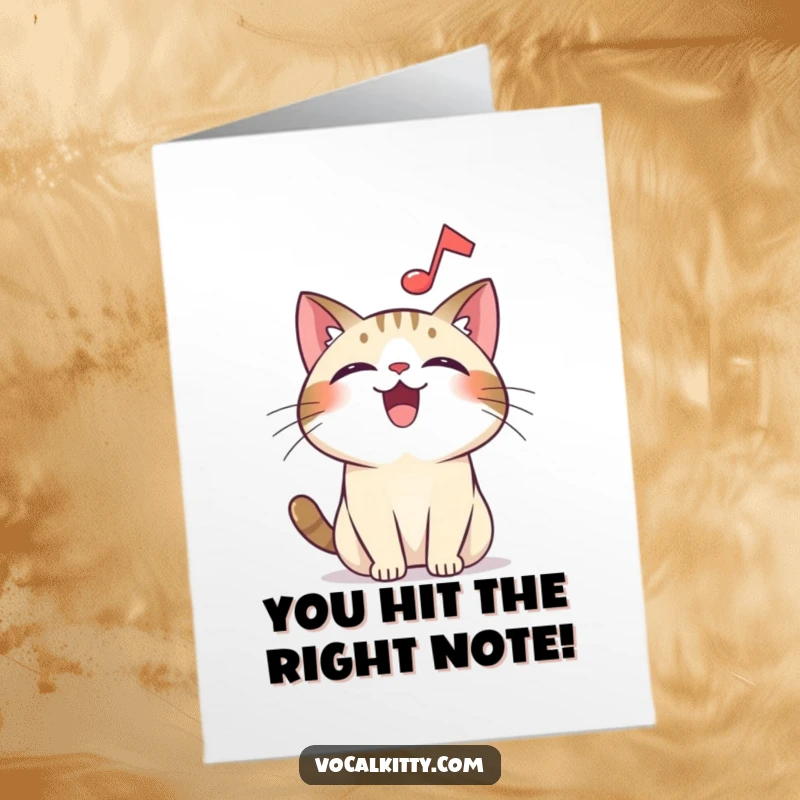 Funny Free Printable Congratulations Card: A joyful cat with a musical note, celebrating success with a happy tune and beaming expression.