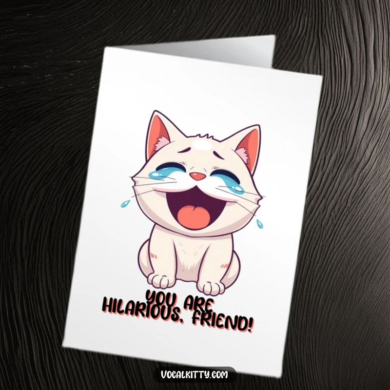 Funny Free Printable Congratulations Card: A cat roaring with laughter, tears streaming, celebrating a fantastic achievement with uncontrollable glee.