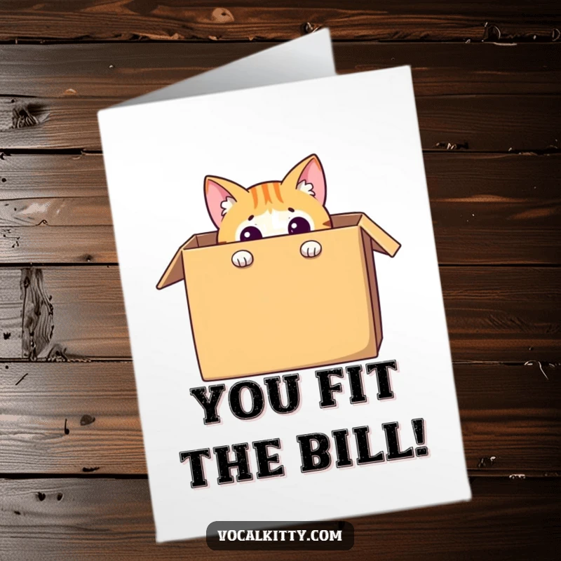 Funny Free Printable Congratulations Card with a curious cat peeking from a giant cardboard box, celebrating success with humor.