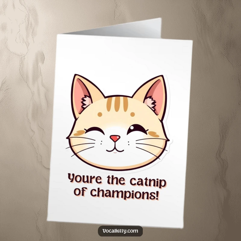 Funny Free Printable Congratulations Card: A stylized cat head with perked ears and vibrating whiskers, expressing excitement.