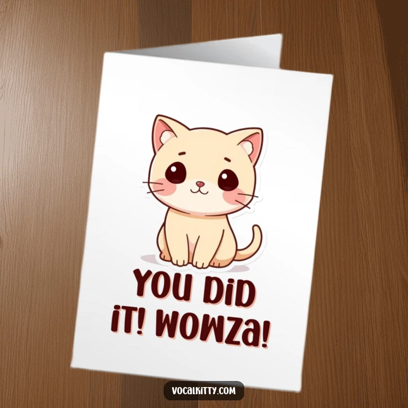 Funny Free Printable Congratulations Card: A curious cat with its tail in a question mark, conveying surprised congratulations.