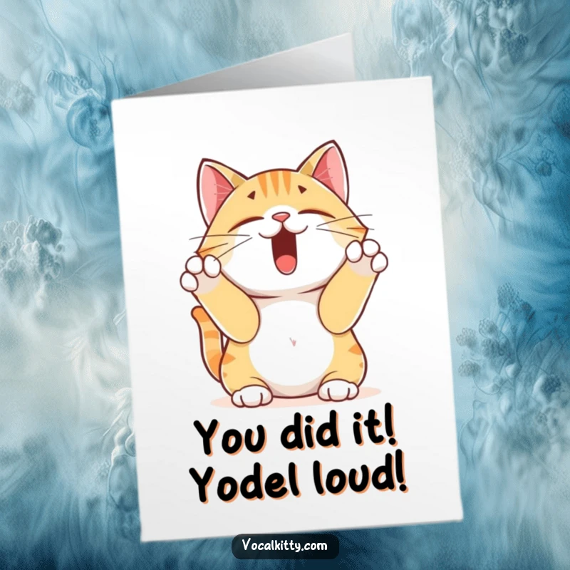 Funny Free Printable Congratulations Card: A yodeling cat belts out a tune, paws clamped over its ears, celebrating your success.