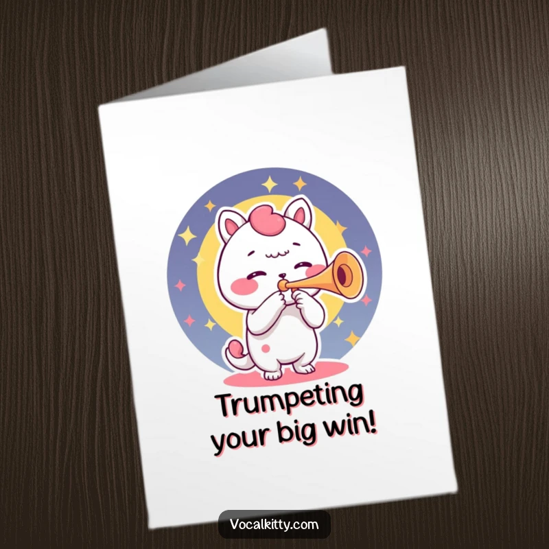 Funny Free Printable Congratulations Card: Character blows vibrant sound from its voice box, resembling a trumpet.