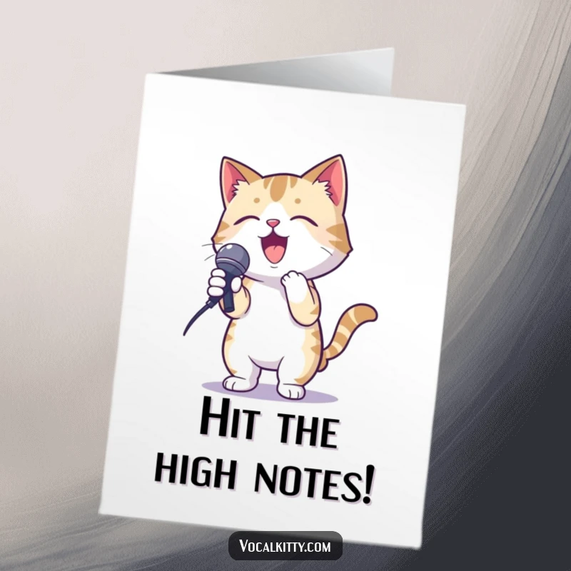 Funny Free Printable Congrats Card: A cat passionately holding a microphone in a karaoke stance, celebrating achievements with musical flair, a great DIY gift.
