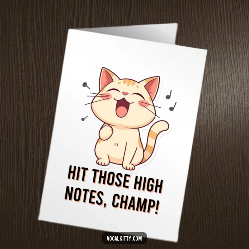 Funny Free Printable Congrats Card: Stylized cat enthusiastically singing with large sound waves, celebrating a victory.