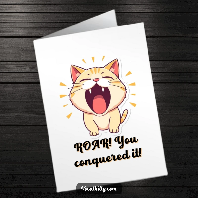 Funny Free Printable Congratulations Card: A cat roaring with its mouth wide open, a comical and loud expression.