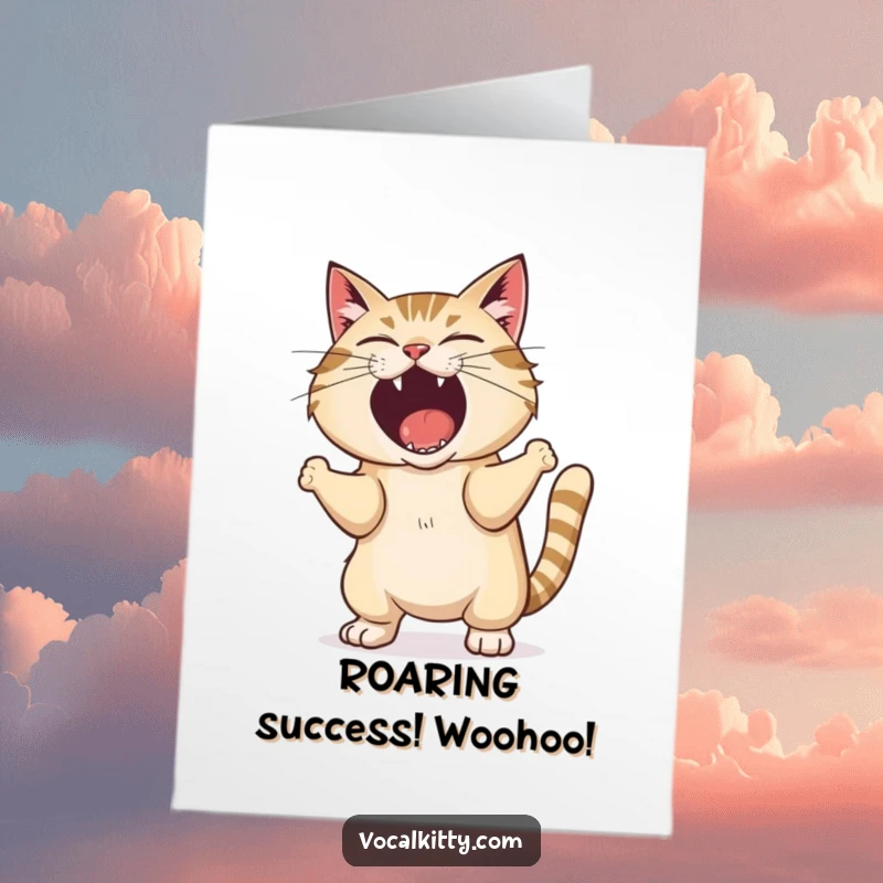 Funny Free Printable Congrats Card: Cat shaking its body while shouting triumphantly, celebrating success with infectious enthusiasm, a great DIY gift.