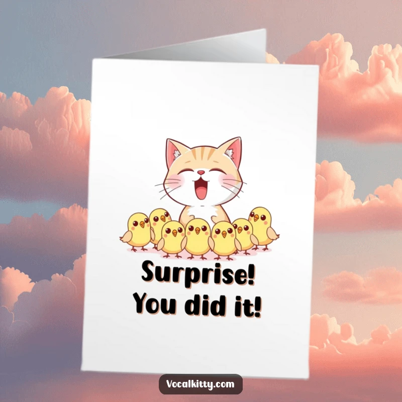 Funny Free Printable Congrats Card: Cat character's loud meow causing adorable chaos among tiny, startled birds.