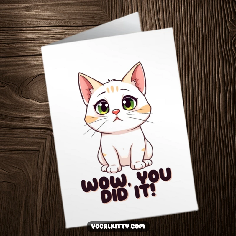 Funny Free Printable Congratulations Card featuring a cat with comically large ears looking startled by the loud cheers for success.