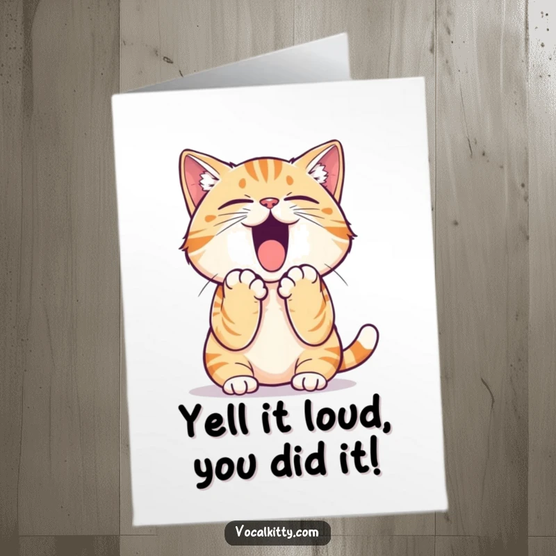 Funny free printable congratulations card: A cat cupping its paws around its mouth, practicing a massive, excited yell to share great news.
