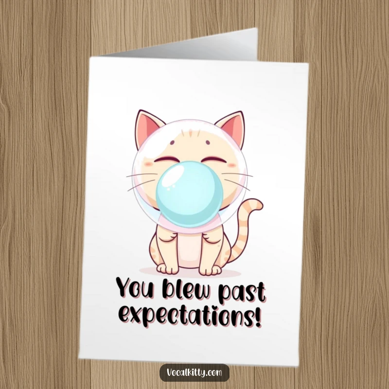 Funny Free Printable Congratulations Card: A cat blowing a giant bubblegum bubble that’s about to burst, perfect for applauding achievements.