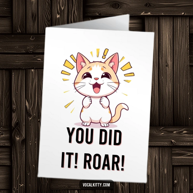 Funny Free Printable Congratulations Card: Cat character joyfully announcing news with massive, colorful sound effect bubbles.