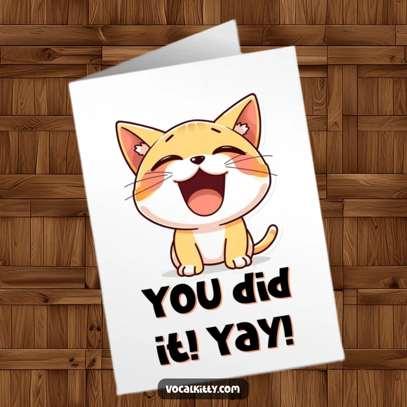 Funny Free Printable Congratulations Card featuring a tiny cat character exuberantly yelling with a wide-open mouth.