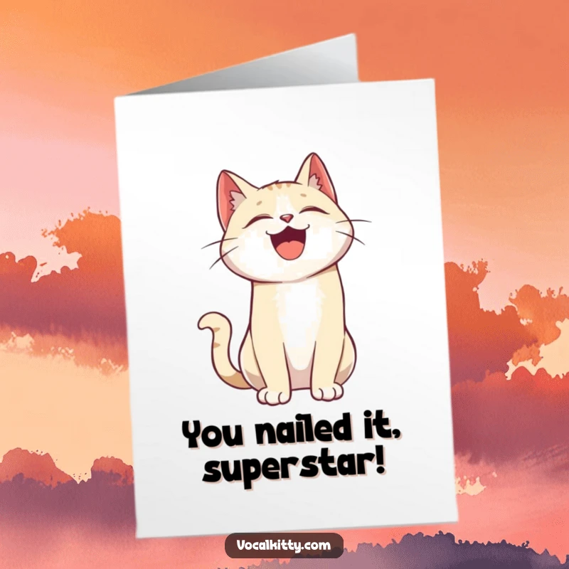 Funny Free Printable Congratulations Card: A cat head thrown back in hearty laughter, a joyous downloadable for celebrating achievements.