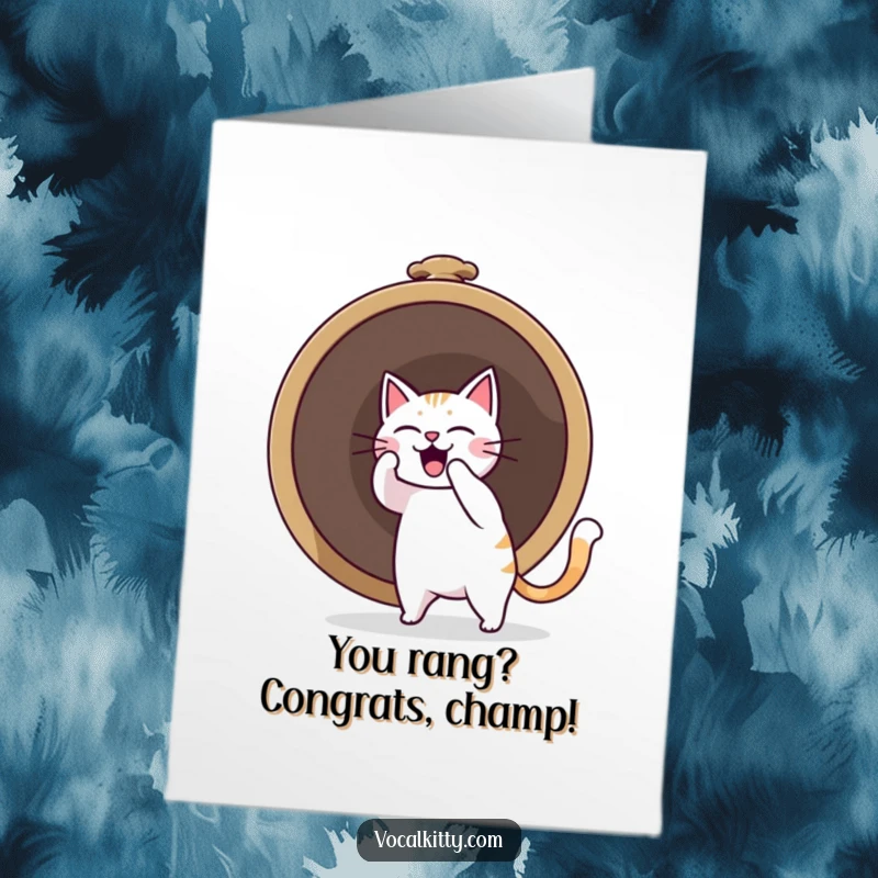 Funny free printable congratulations card showing a cat triumphantly ringing a giant bell, creating a massive 'boom' effect for celebration.