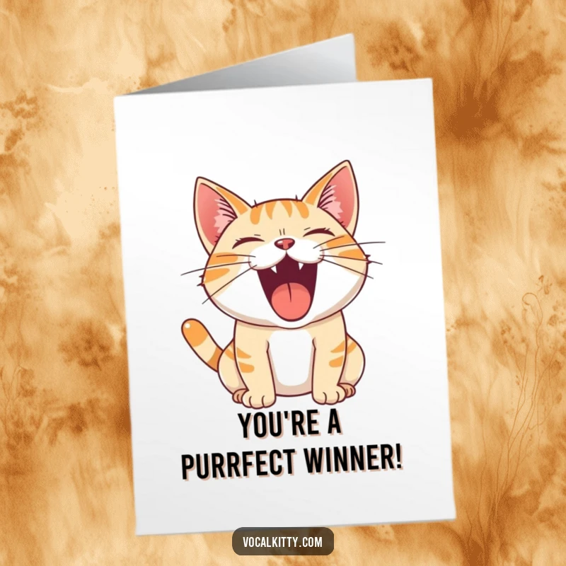 Funny Free Printable Congratulations Card featuring a cat with its mouth open wide, letting out a loud, joyful roar of triumph.