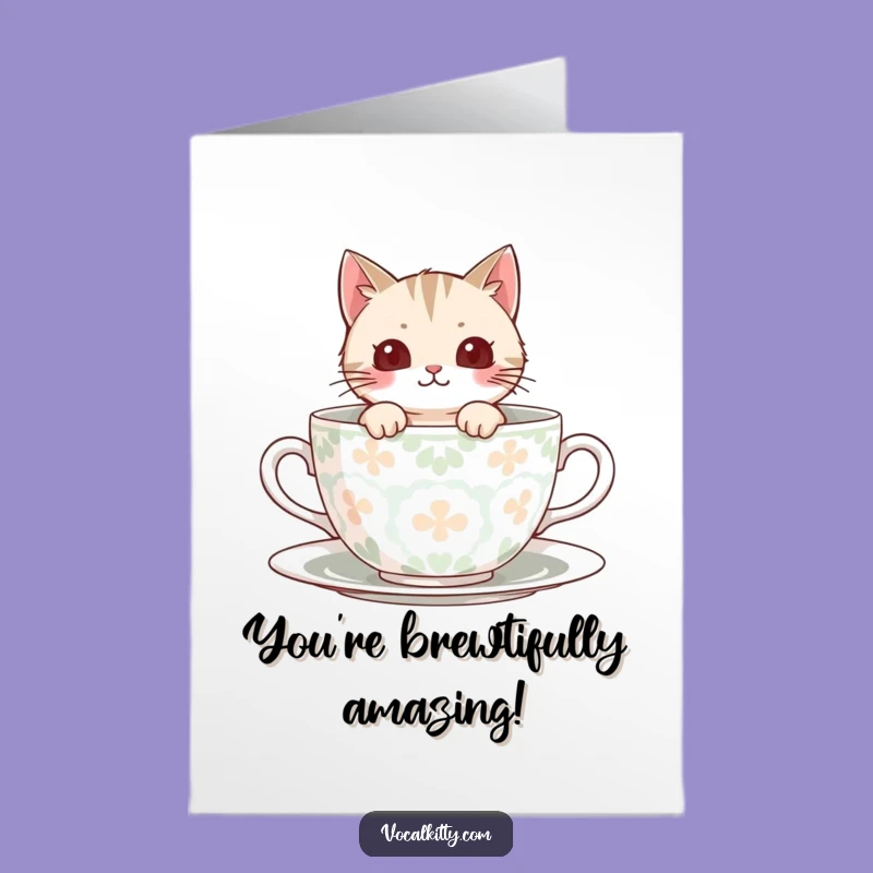 Free Printable Congrats Card: Teacup Cat Joy, Whimsical Downloadable Fun