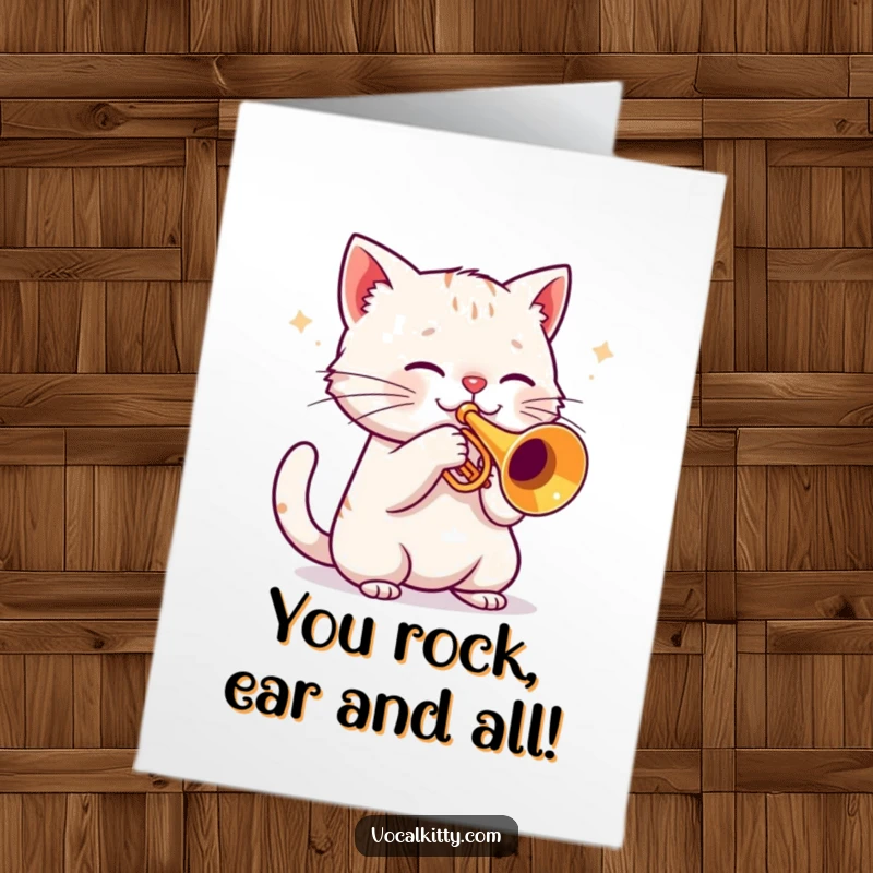 Funny Free Printable congratulations card with a cat blaring a trumpet at maximum volume, celebrating success with loud, joyful music.