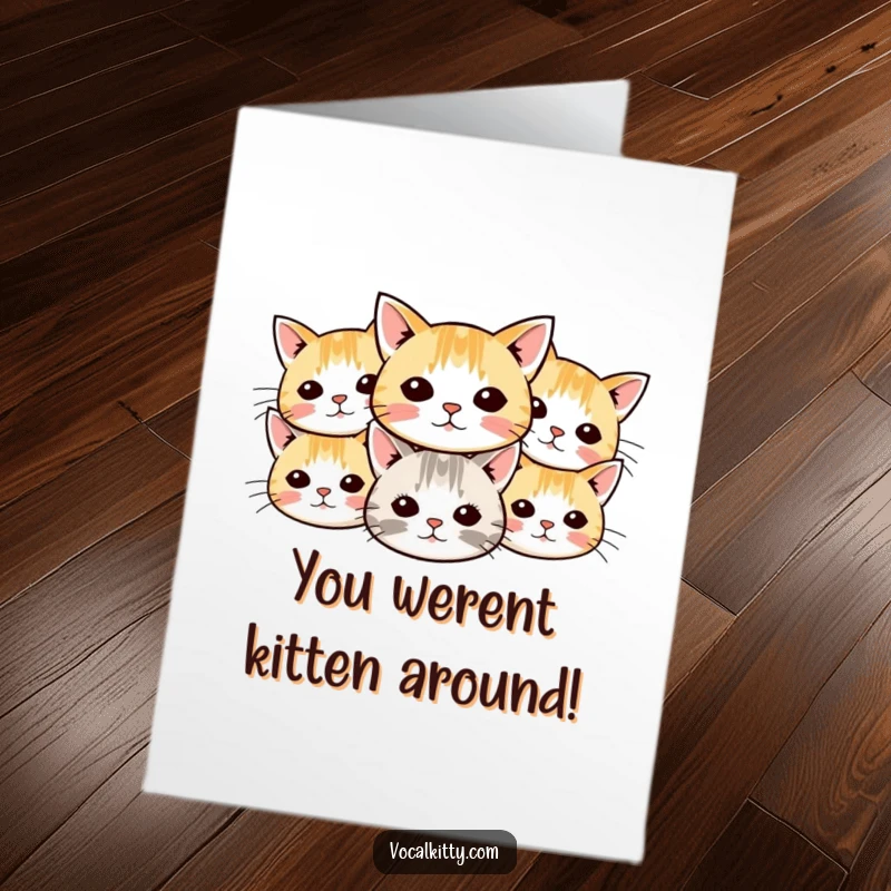 Funny Free Printable Congratulations Card with a cluster of small cat faces, their whiskers forming a vibrant fan of celebration.