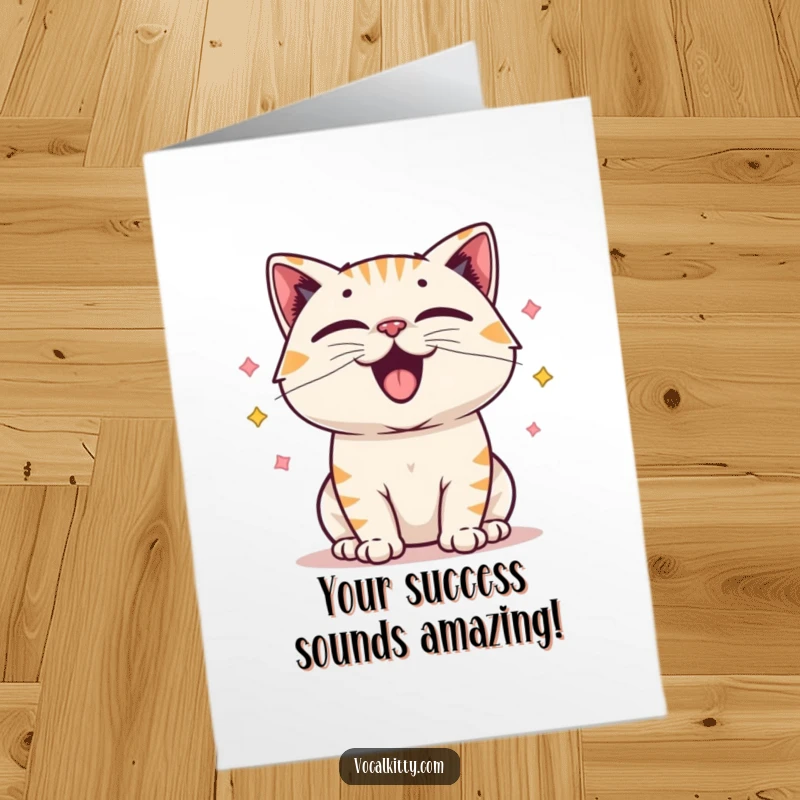 Free Printable Congratulations Card: A cat with visibly vibrating vocal cords, making a happy sound, a celebratory digital download.