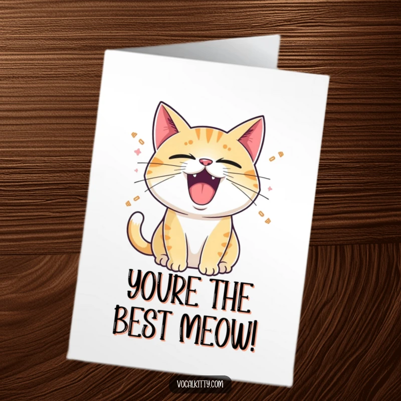 Funny Free Printable Congratulations Card: Cat with mouth wide open making noise with cartoon sound waves.