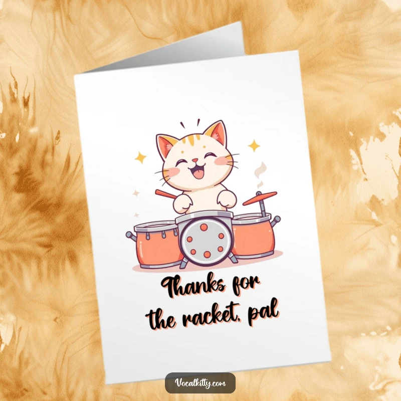 Funny Free Printable thank you card with a cat enthusiastically drumming on pots and pans, sending a loud and heartfelt thank you.